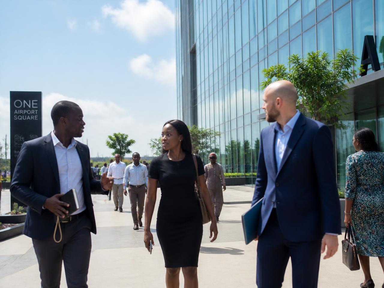 Business professionals in a modern Accra business district